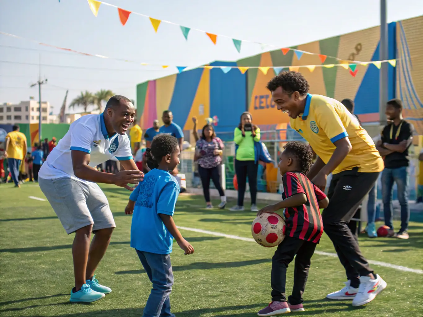 A photograph capturing a community outreach event organized by the Ligue de la Méditerranée de Football, featuring players and volunteers engaging with local residents and promoting the positive impact of football.